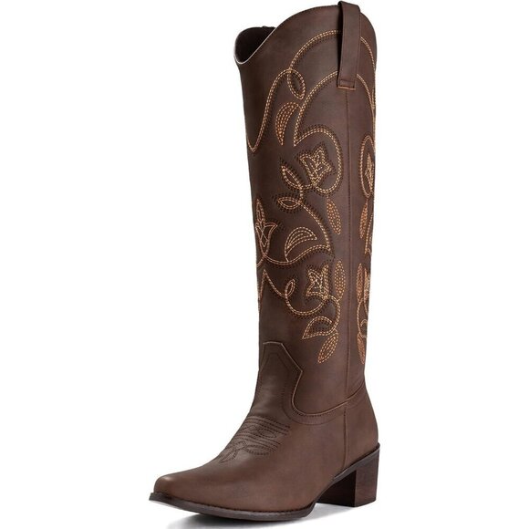 Shoes - Women's Brown Pointy Toe Faux Leather Western Cowgirl Mid Calf Boots